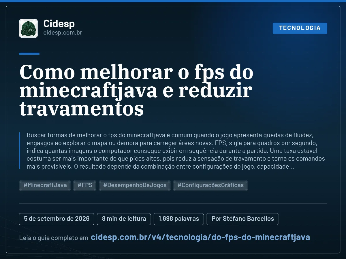 Cartão do artigo “Como melhorar o fps do minecraftjava e reduzir travamentos”, com resumo, data de publicação e endereço da página.