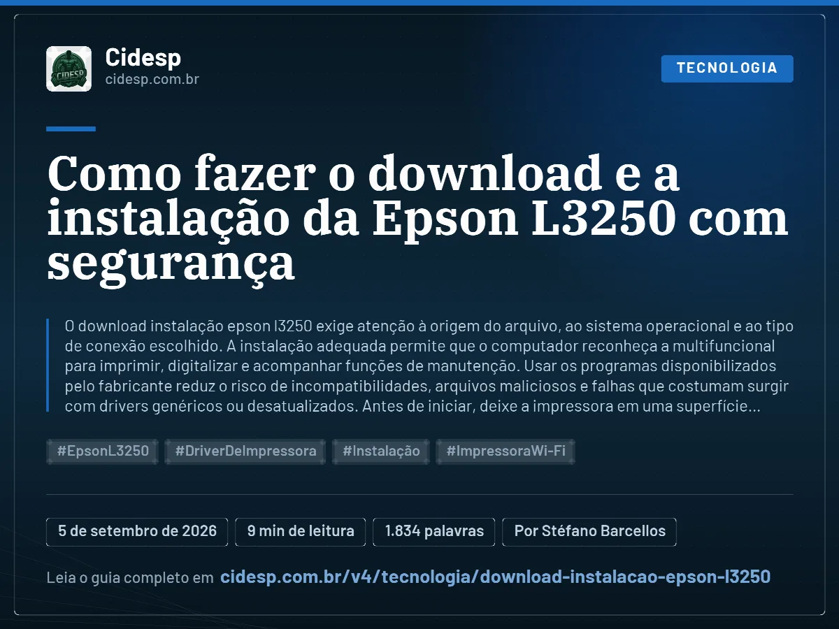 Cartão do artigo “Como fazer o download e a instalação da Epson L3250 com segurança”, com resumo, data de publicação e endereço da página.