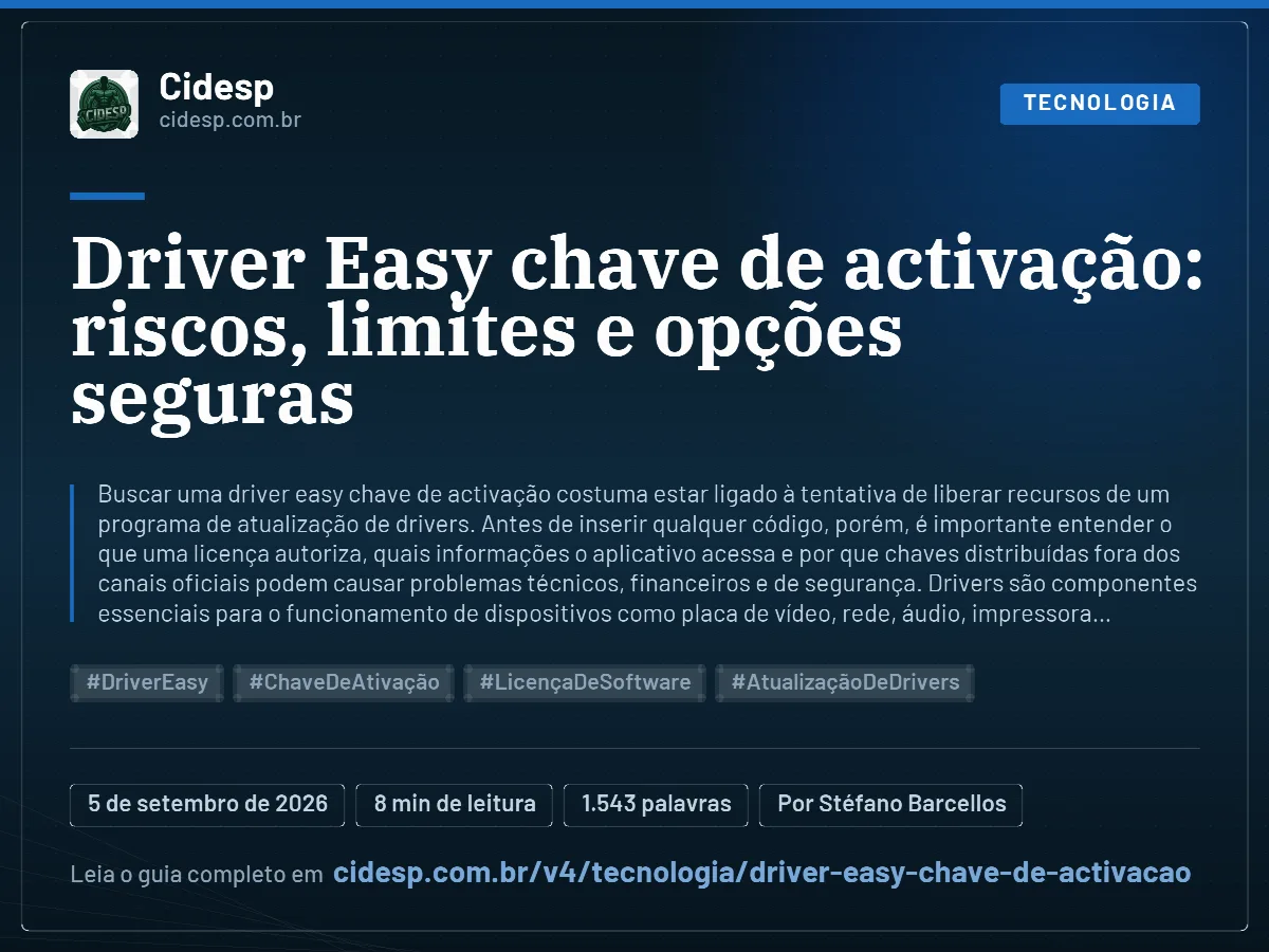Cartão do artigo “Driver Easy chave de activação: riscos, limites e opções seguras”, com resumo, data de publicação e endereço da página.