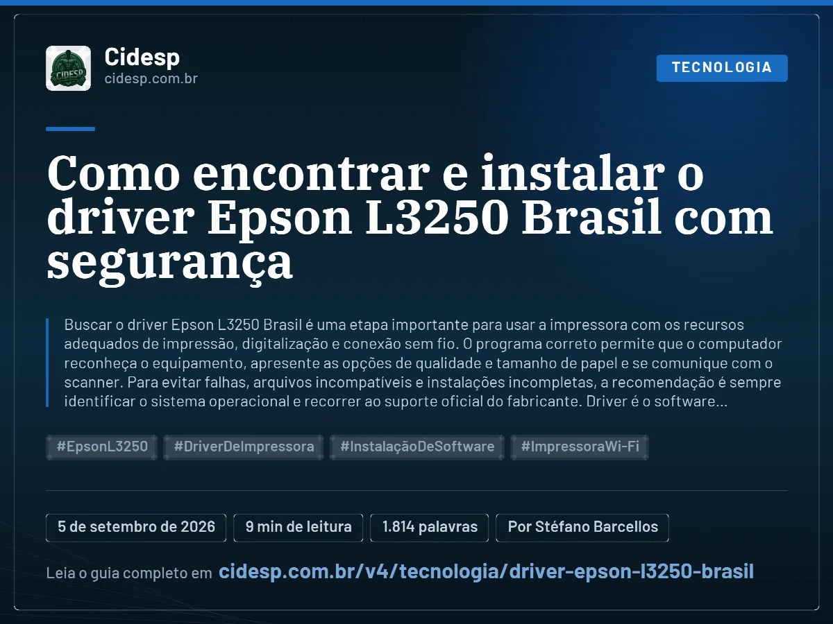 Cartão do artigo “Como encontrar e instalar o driver Epson L3250 Brasil com segurança”, com resumo, data de publicação e endereço da página.