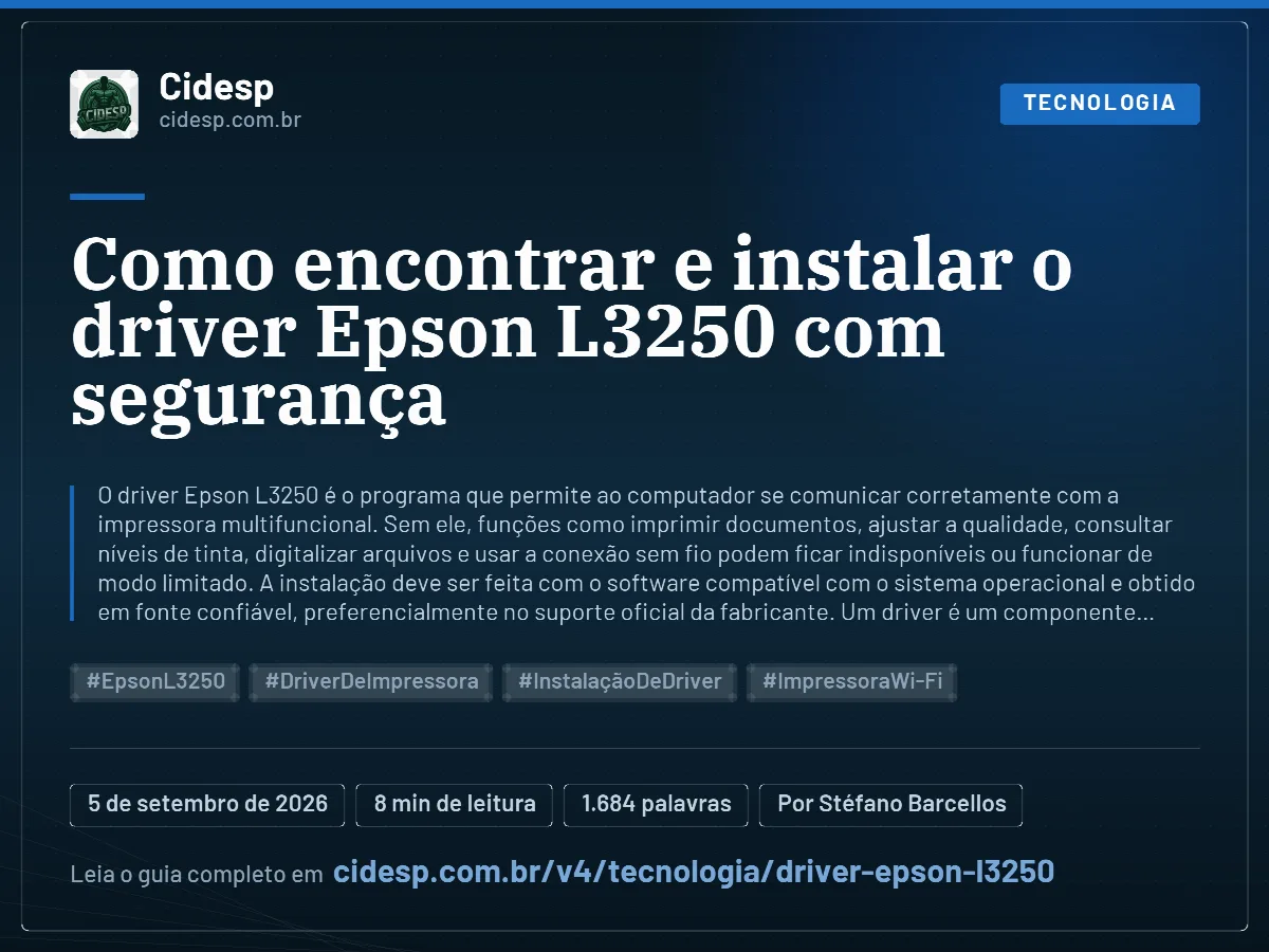 Cartão do artigo “Como encontrar e instalar o driver Epson L3250 com segurança”, com resumo, data de publicação e endereço da página.