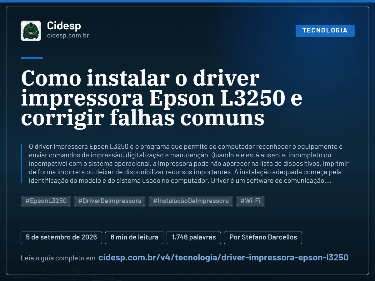 Cartão do artigo “Como instalar o driver impressora Epson L3250 e corrigir falhas comuns”, com resumo, data de publicação e endereço da página.