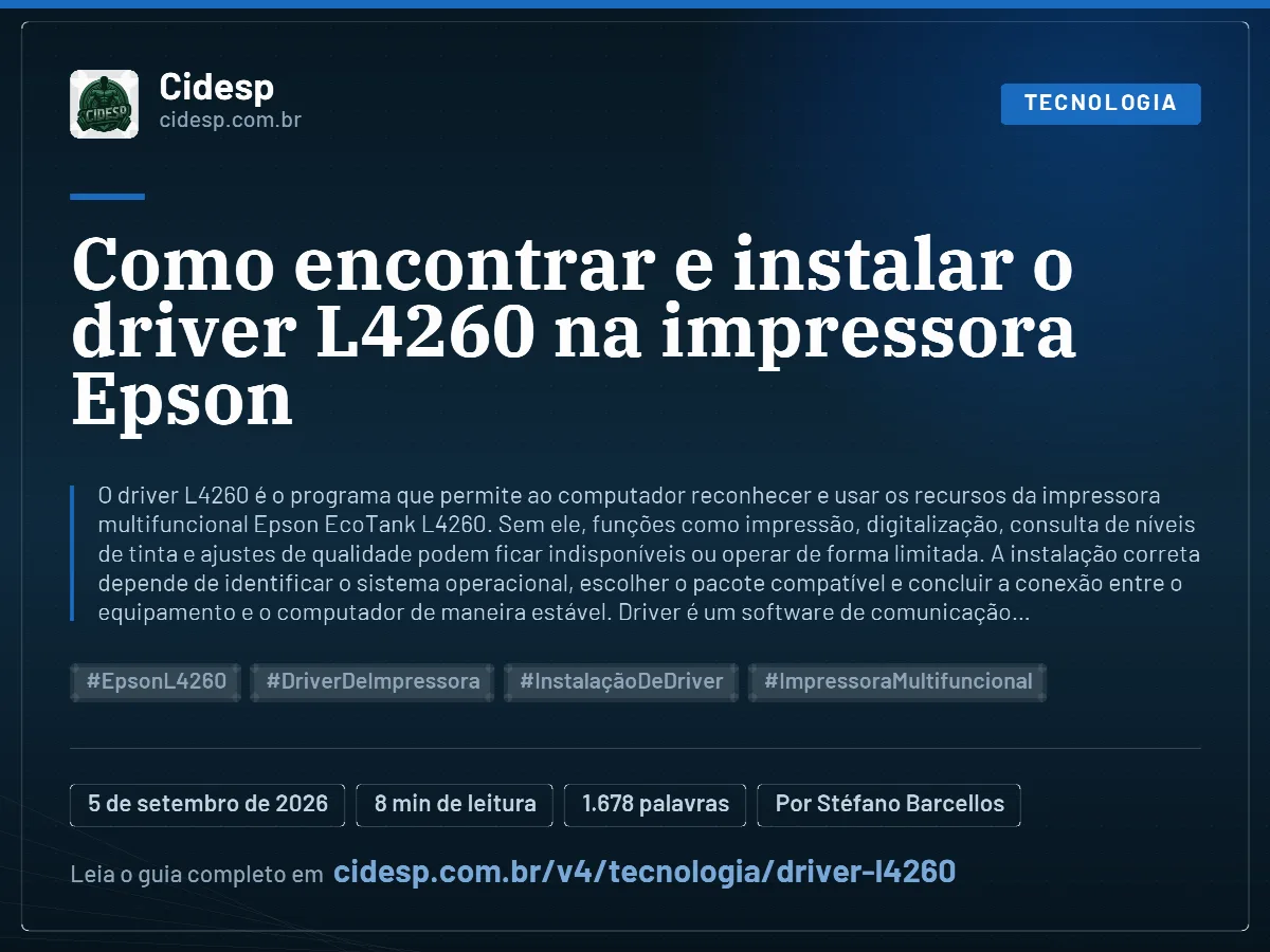 Cartão do artigo “Como encontrar e instalar o driver L4260 na impressora Epson”, com resumo, data de publicação e endereço da página.
