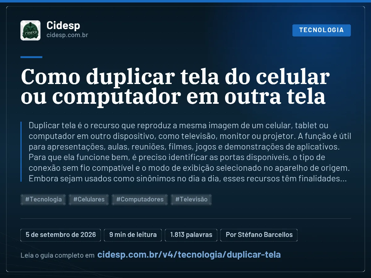 Cartão do artigo “Como duplicar tela do celular ou computador em outra tela”, com resumo, data de publicação e endereço da página.
