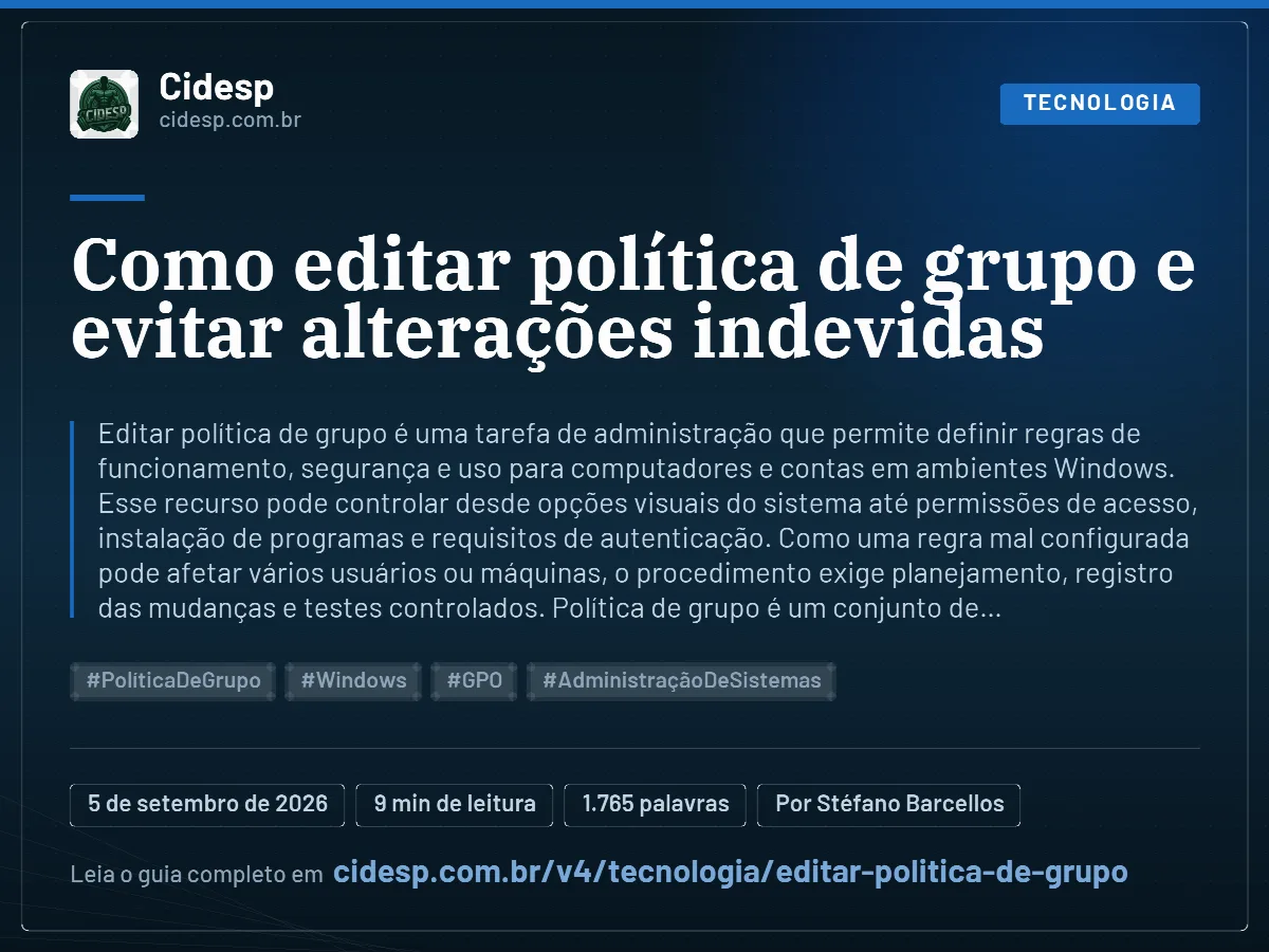Cartão do artigo “Como editar política de grupo e evitar alterações indevidas”, com resumo, data de publicação e endereço da página.