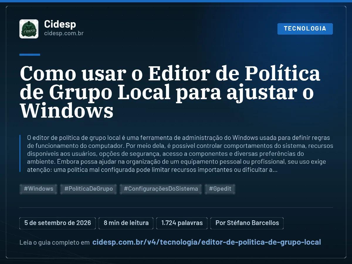 Cartão do artigo “Como usar o Editor de Política de Grupo Local para ajustar o Windows”, com resumo, data de publicação e endereço da página.