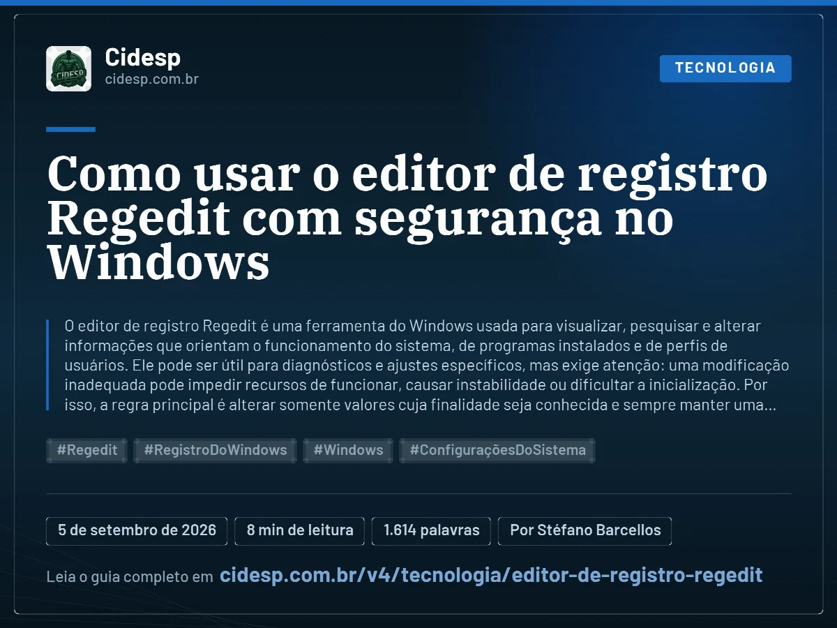 Cartão do artigo “Como usar o editor de registro Regedit com segurança no Windows”, com resumo, data de publicação e endereço da página.