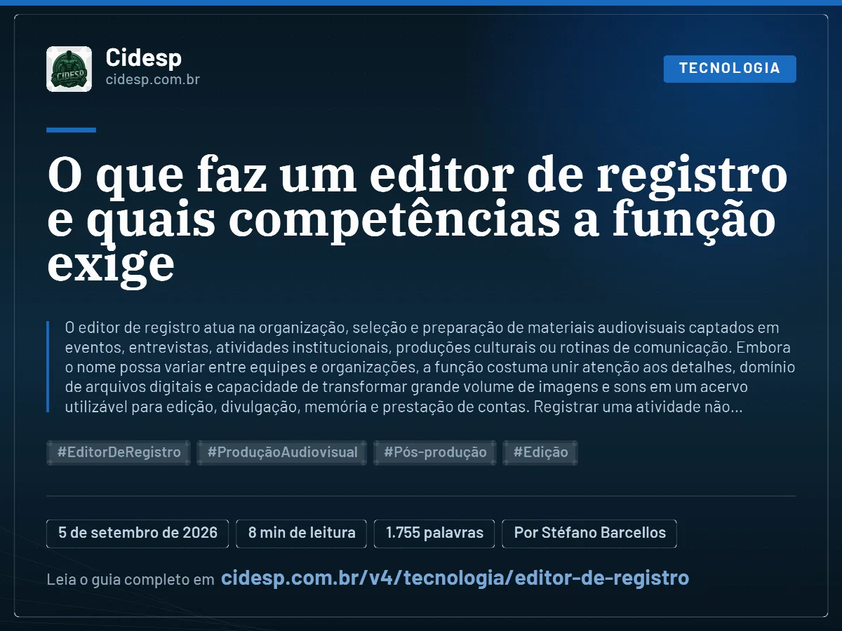 Cartão do artigo “O que faz um editor de registro e quais competências a função exige”, com resumo, data de publicação e endereço da página.