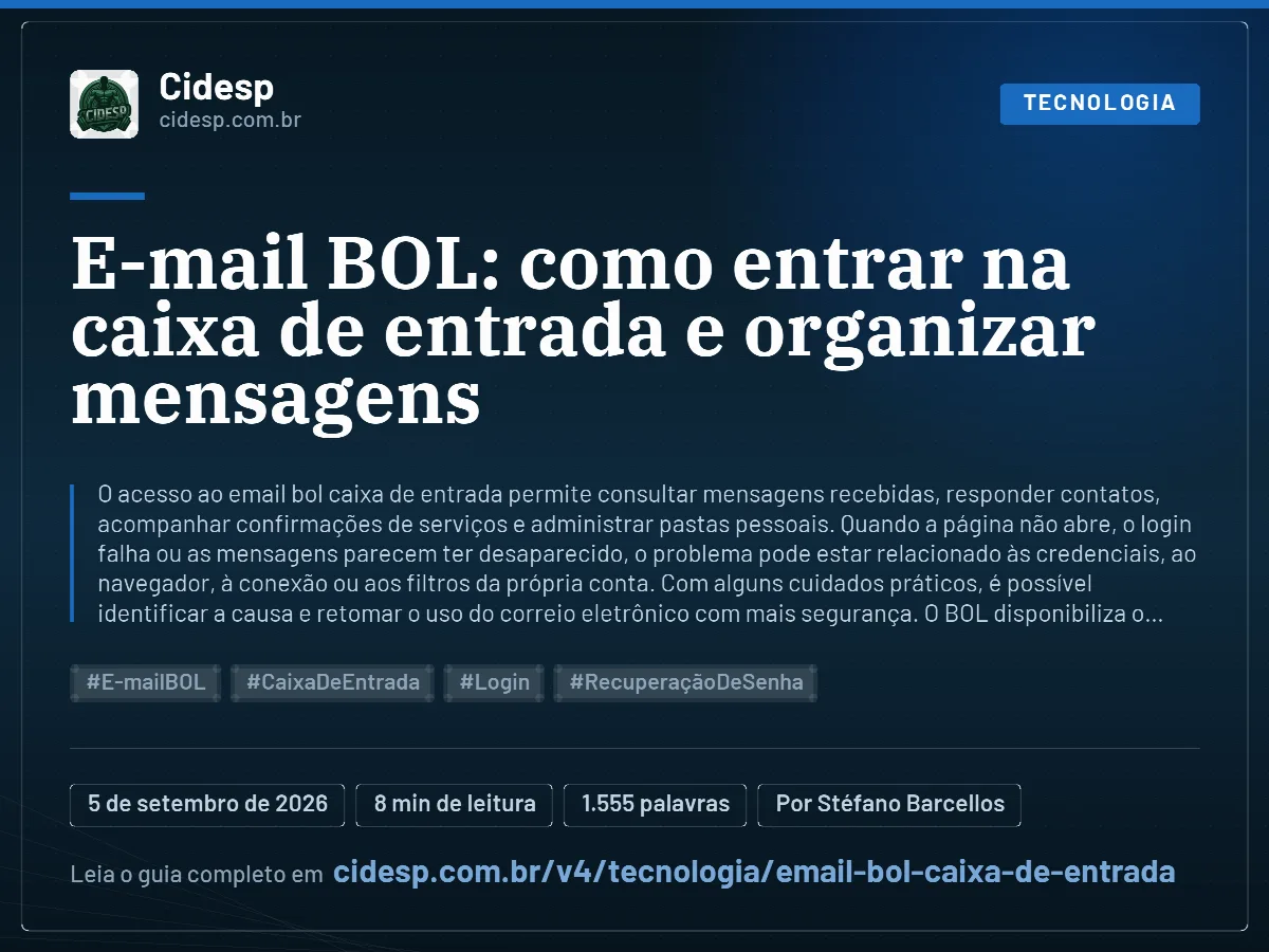 Cartão do artigo “E-mail BOL: como entrar na caixa de entrada e organizar mensagens”, com resumo, data de publicação e endereço da página.