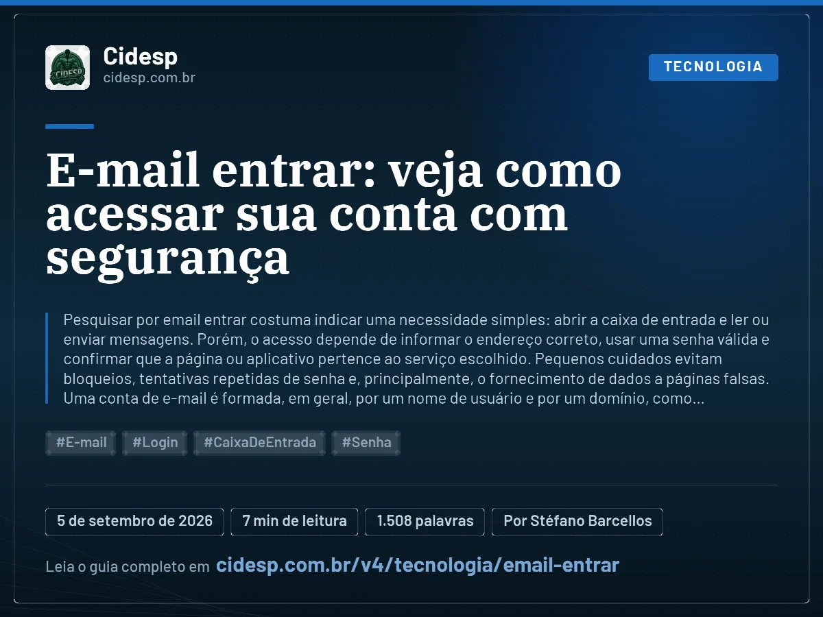 Cartão do artigo “E-mail entrar: veja como acessar sua conta com segurança”, com resumo, data de publicação e endereço da página.