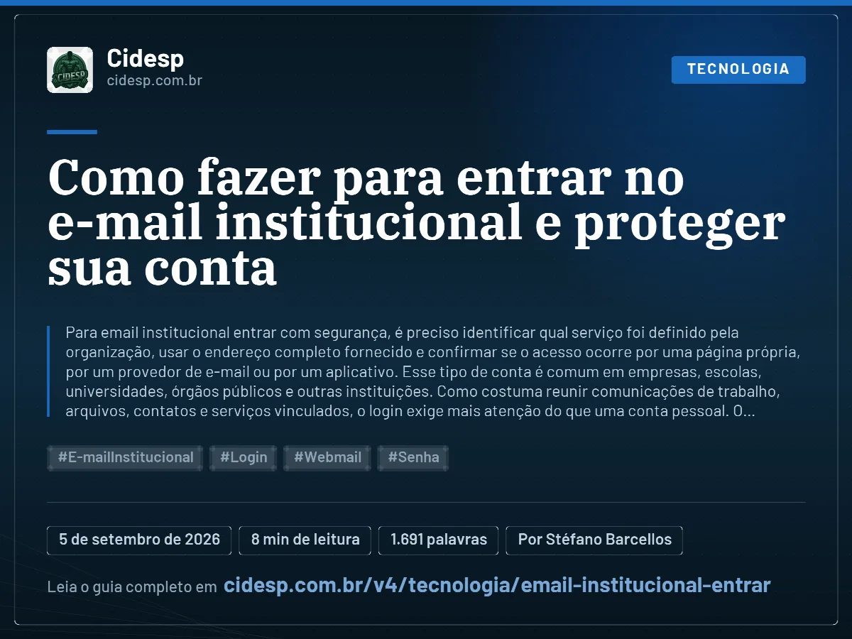Cartão do artigo “Como fazer para entrar no e-mail institucional e proteger sua conta”, com resumo, data de publicação e endereço da página.