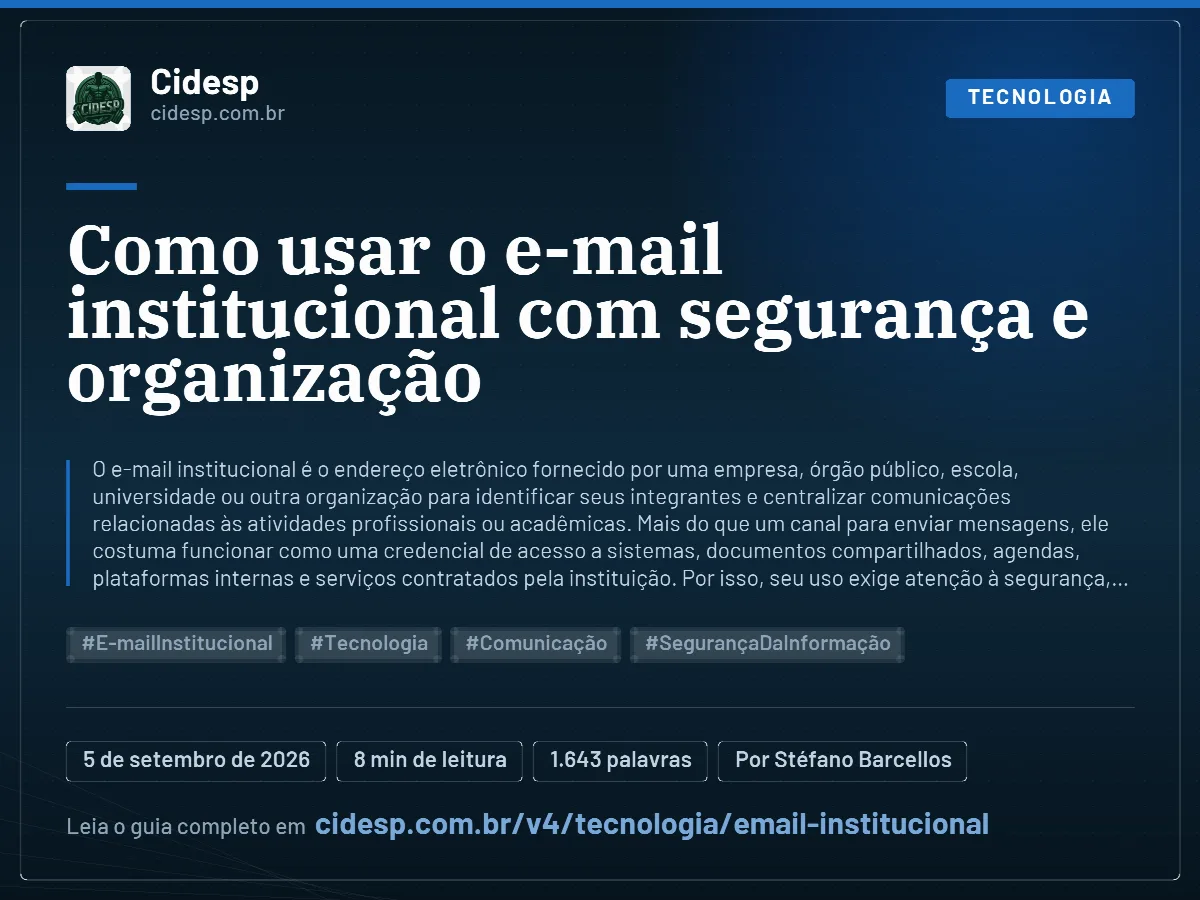 Cartão do artigo “Como usar o e-mail institucional com segurança e organização”, com resumo, data de publicação e endereço da página.