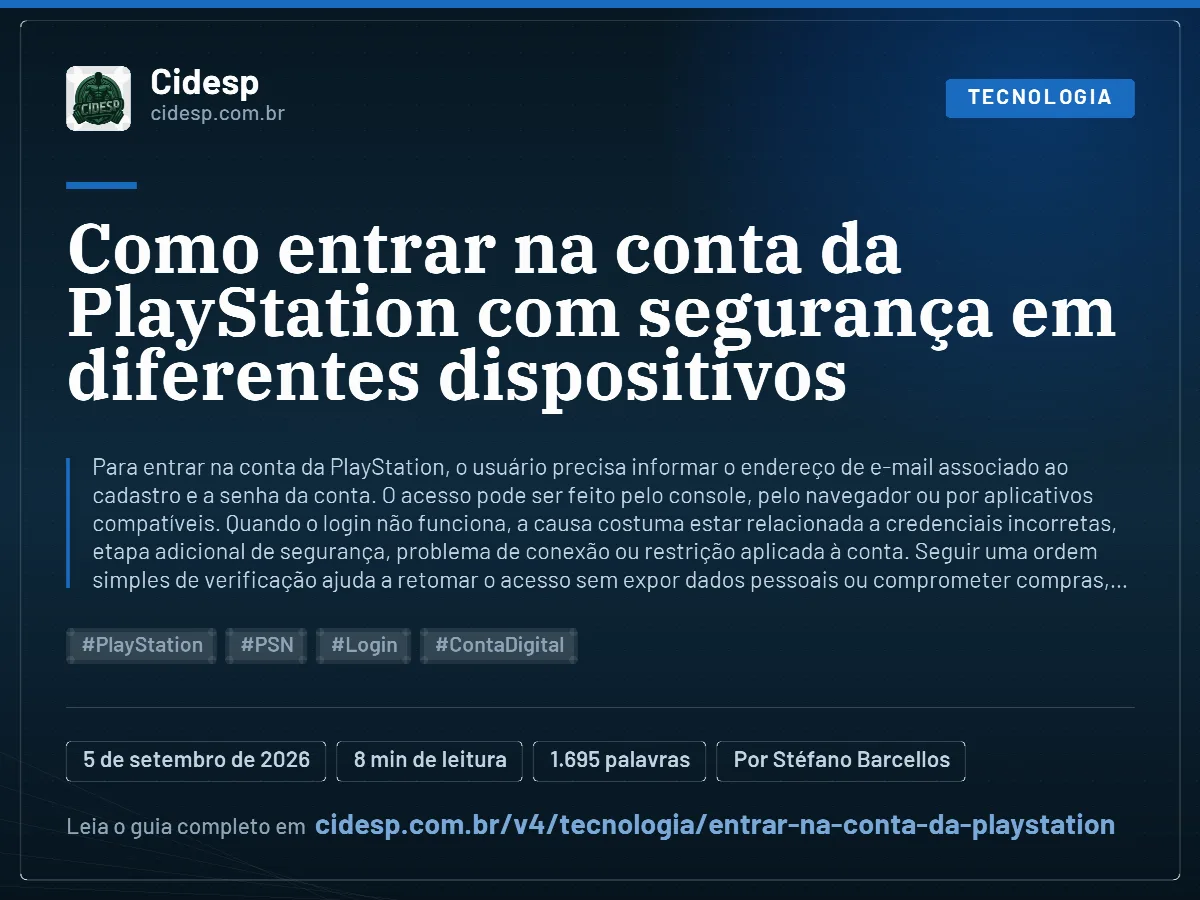 Cartão do artigo “Como entrar na conta da PlayStation com segurança em diferentes dispositivos”, com resumo, data de publicação e endereço da página.