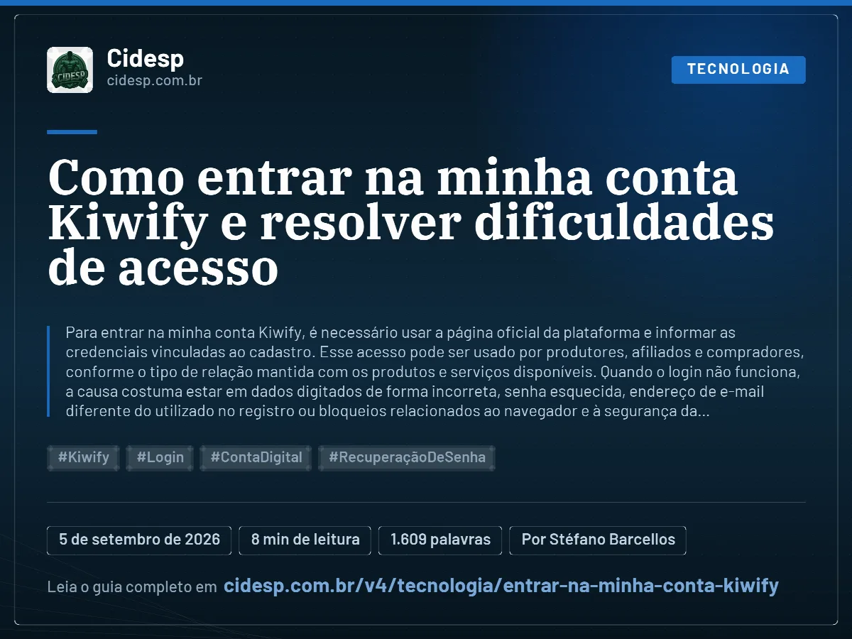 Cartão do artigo “Como entrar na minha conta Kiwify e resolver dificuldades de acesso”, com resumo, data de publicação e endereço da página.