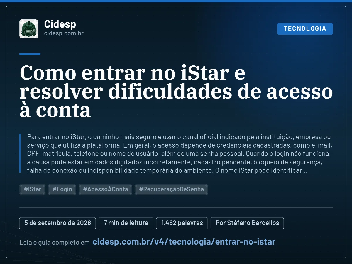 Cartão do artigo “Como entrar no iStar e resolver dificuldades de acesso à conta”, com resumo, data de publicação e endereço da página.