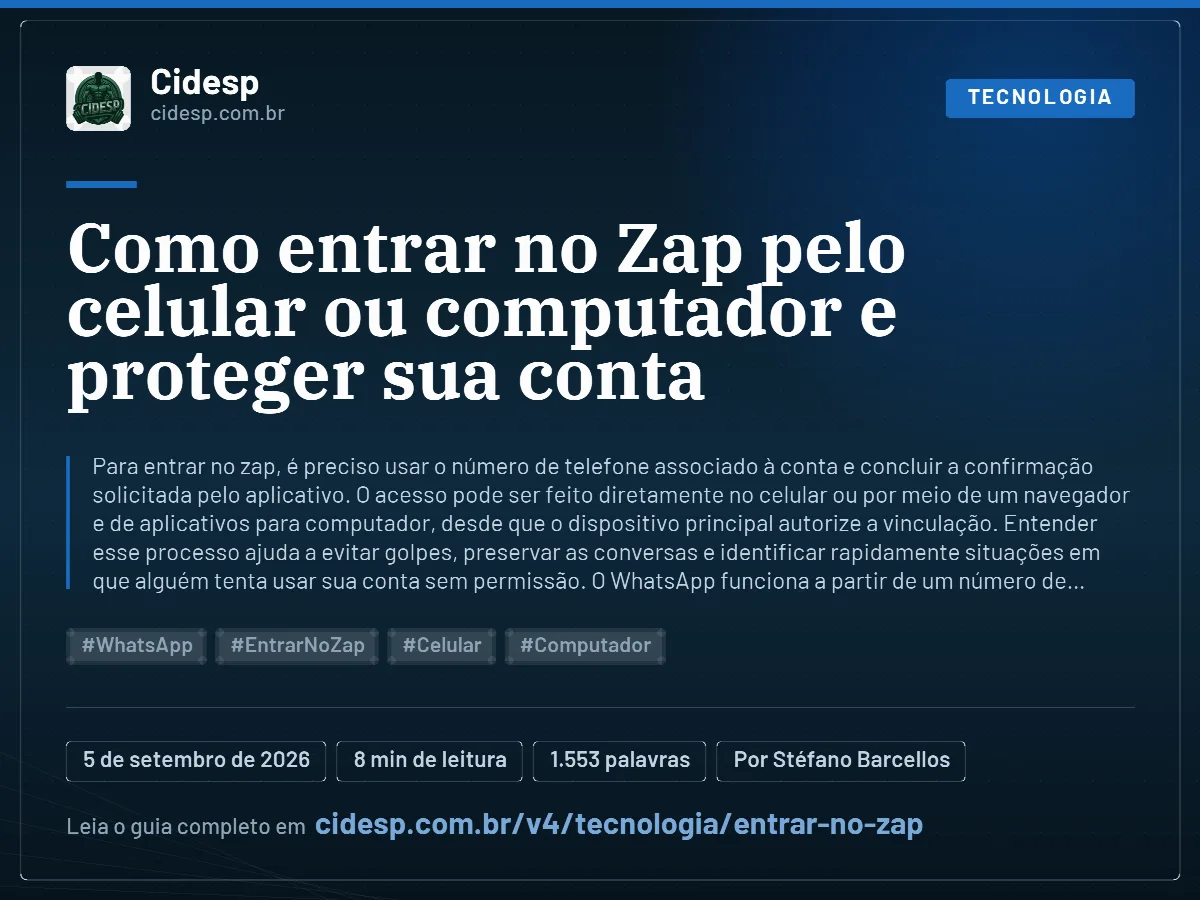 Cartão do artigo “Como entrar no Zap pelo celular ou computador e proteger sua conta”, com resumo, data de publicação e endereço da página.