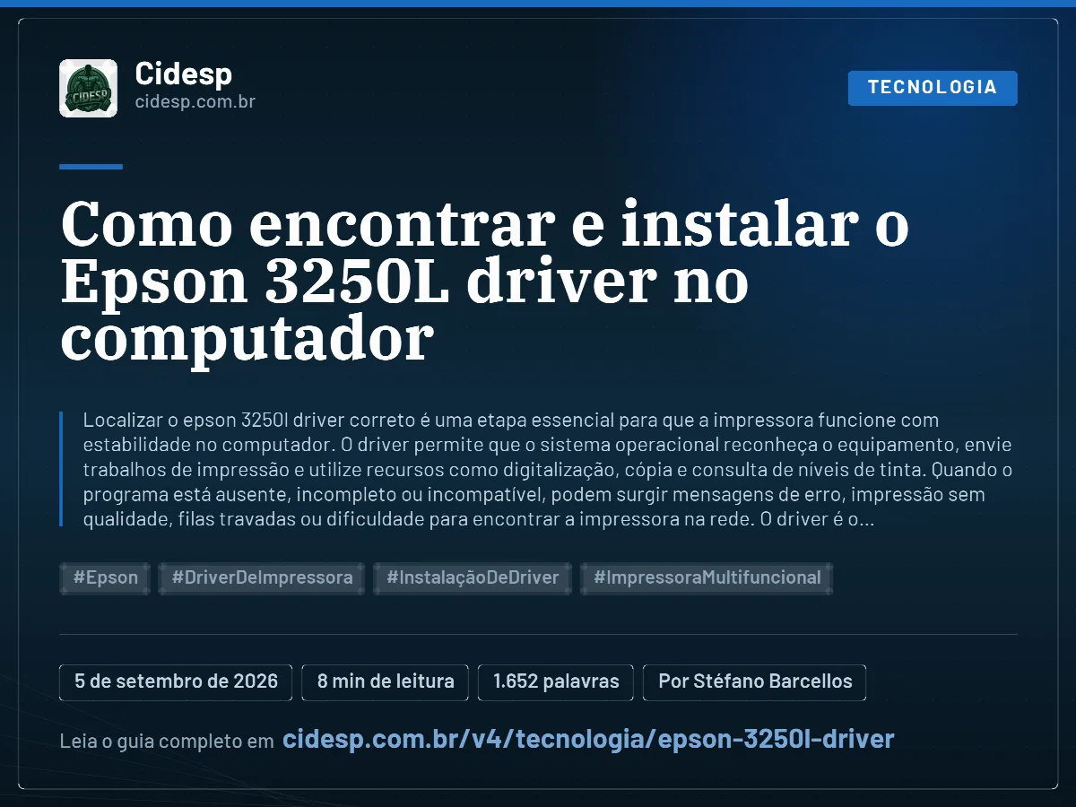 Cartão do artigo “Como encontrar e instalar o Epson 3250L driver no computador”, com resumo, data de publicação e endereço da página.