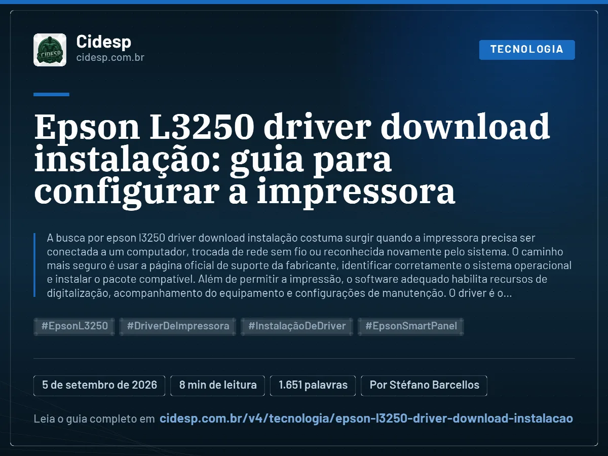 Cartão do artigo “Epson L3250 driver download instalação: guia para configurar a impressora”, com resumo, data de publicação e endereço da página.