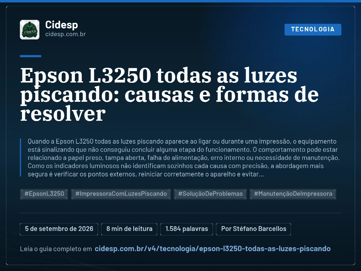 Cartão do artigo “Epson L3250 todas as luzes piscando: causas e formas de resolver”, com resumo, data de publicação e endereço da página.