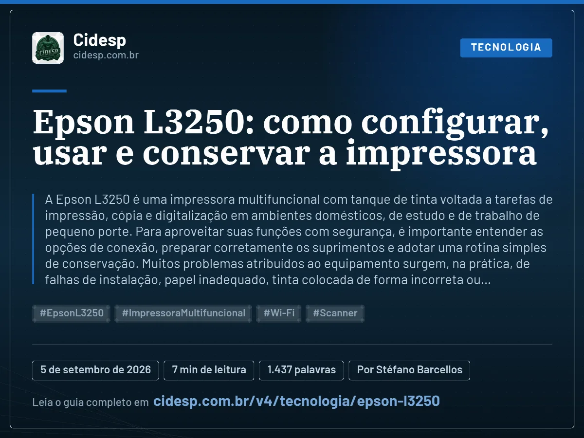 Cartão do artigo “Epson L3250: como configurar, usar e conservar a impressora”, com resumo, data de publicação e endereço da página.