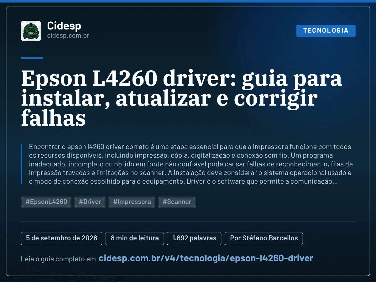 Cartão do artigo “Epson L4260 driver: guia para instalar, atualizar e corrigir falhas”, com resumo, data de publicação e endereço da página.