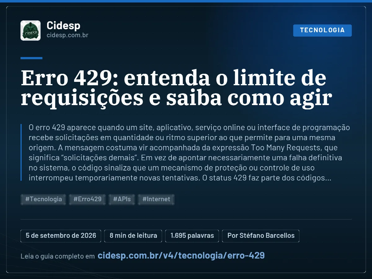 Cartão do artigo “Erro 429: entenda o limite de requisições e saiba como agir”, com resumo, data de publicação e endereço da página.