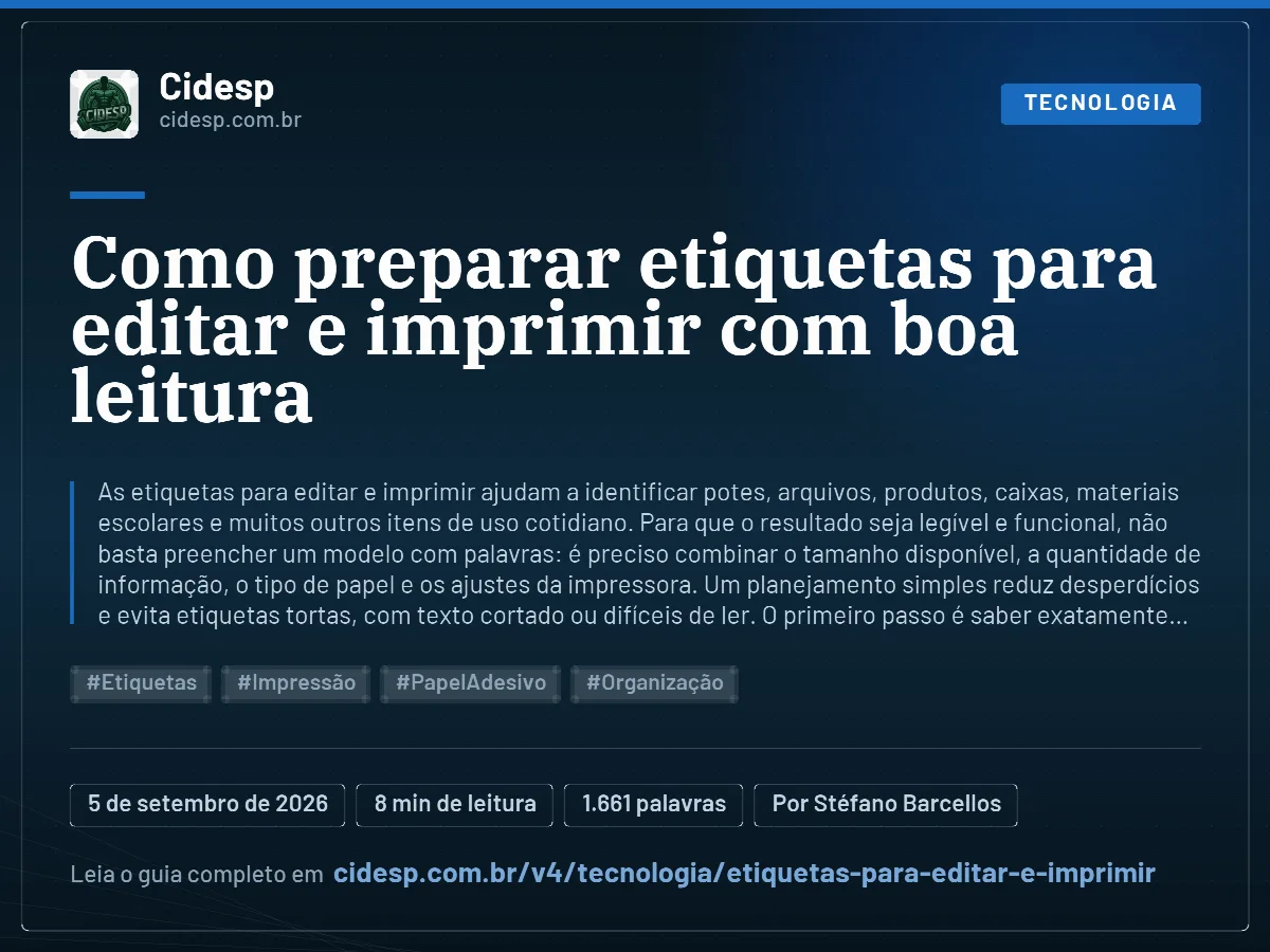 Cartão do artigo “Como preparar etiquetas para editar e imprimir com boa leitura”, com resumo, data de publicação e endereço da página.