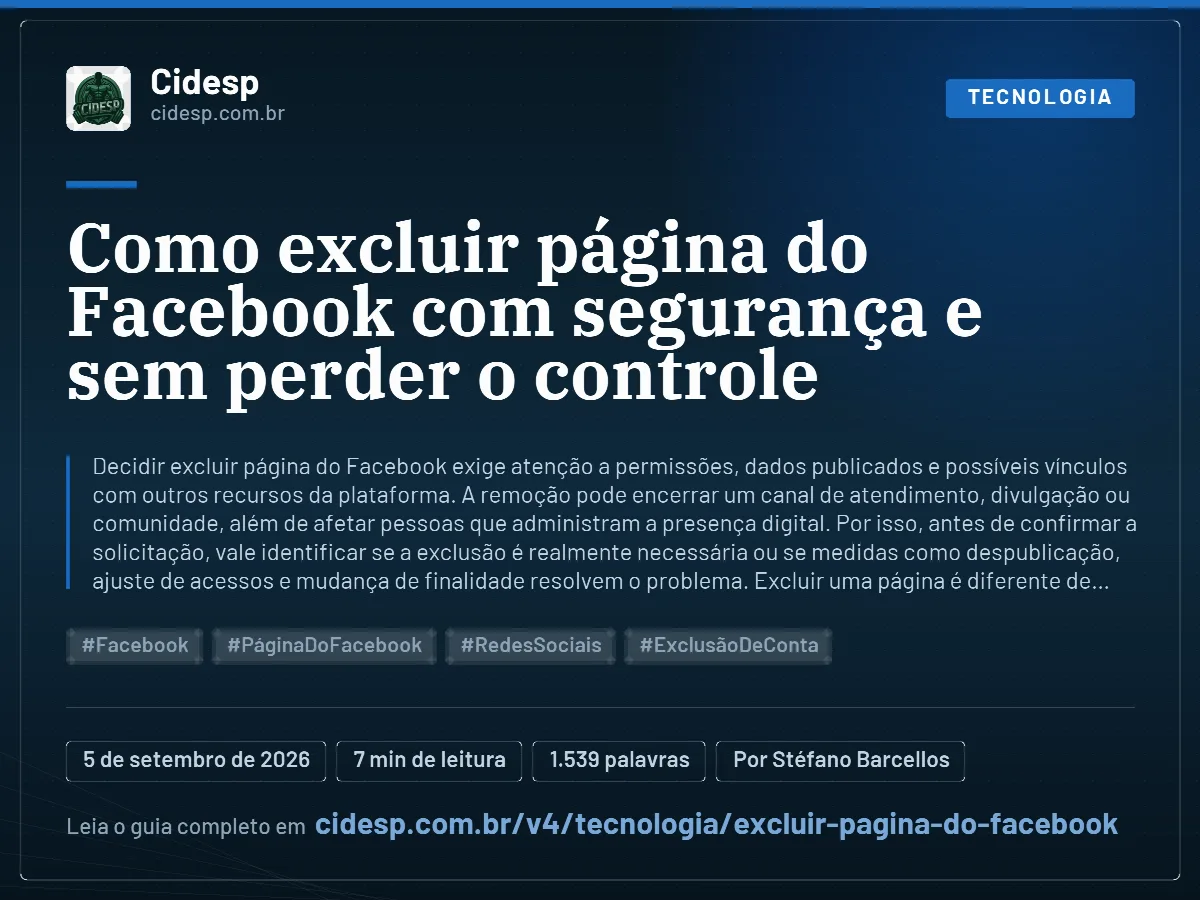 Cartão do artigo “Como excluir página do Facebook com segurança e sem perder o controle”, com resumo, data de publicação e endereço da página.