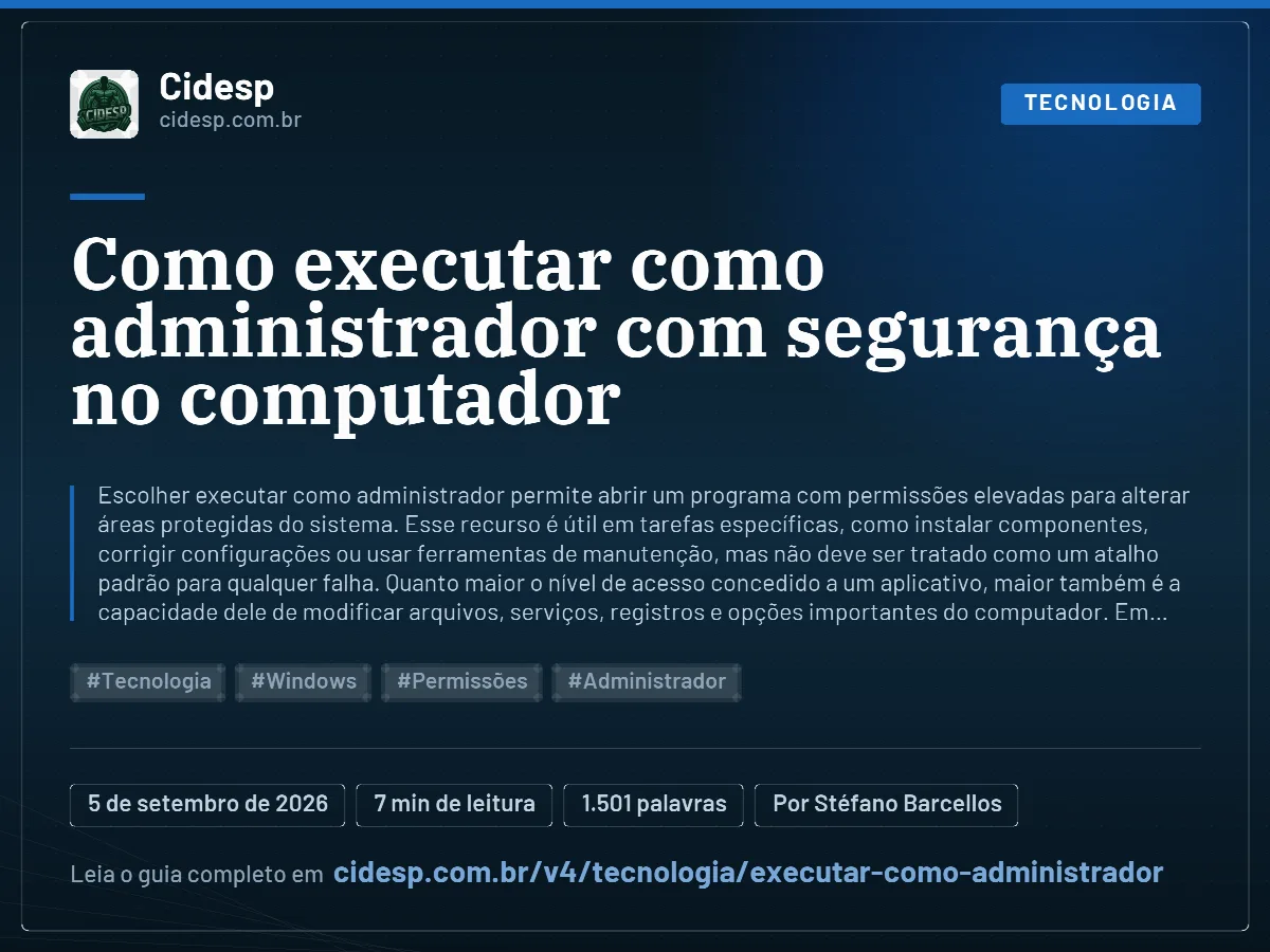 Cartão do artigo “Como executar como administrador com segurança no computador”, com resumo, data de publicação e endereço da página.