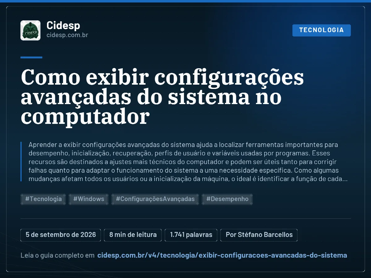 Cartão do artigo “Como exibir configurações avançadas do sistema no computador”, com resumo, data de publicação e endereço da página.