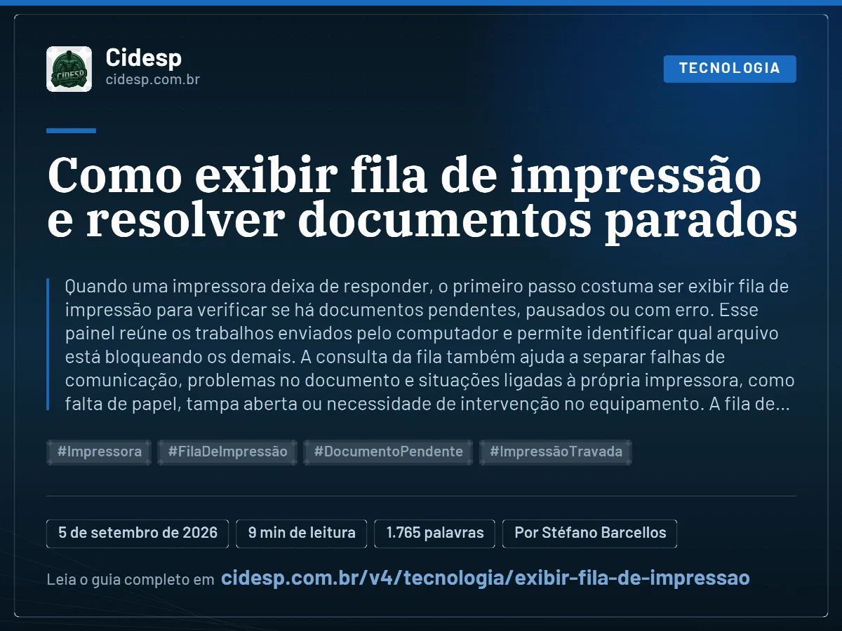 Cartão do artigo “Como exibir fila de impressão e resolver documentos parados”, com resumo, data de publicação e endereço da página.