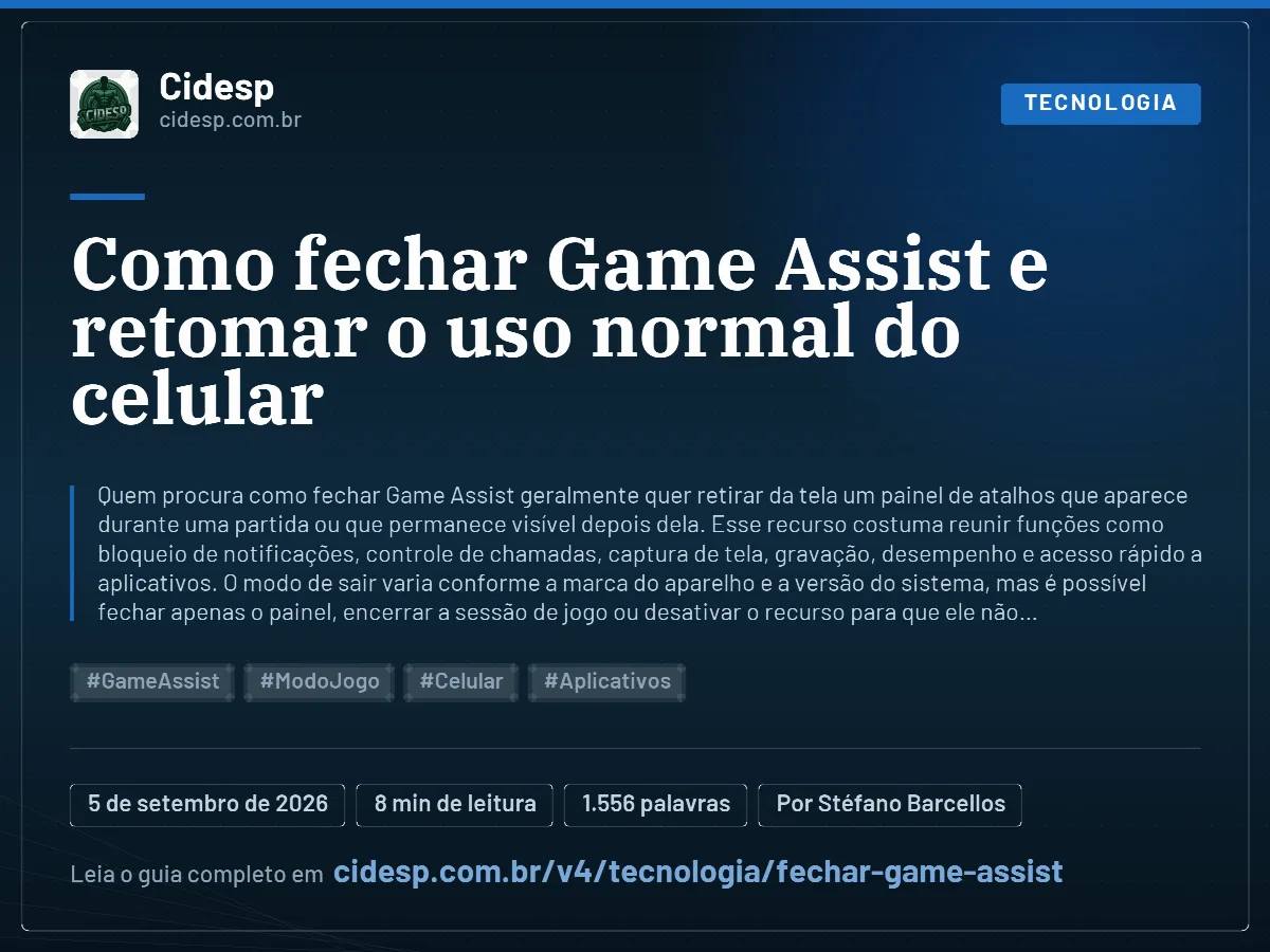 Cartão do artigo “Como fechar Game Assist e retomar o uso normal do celular”, com resumo, data de publicação e endereço da página.