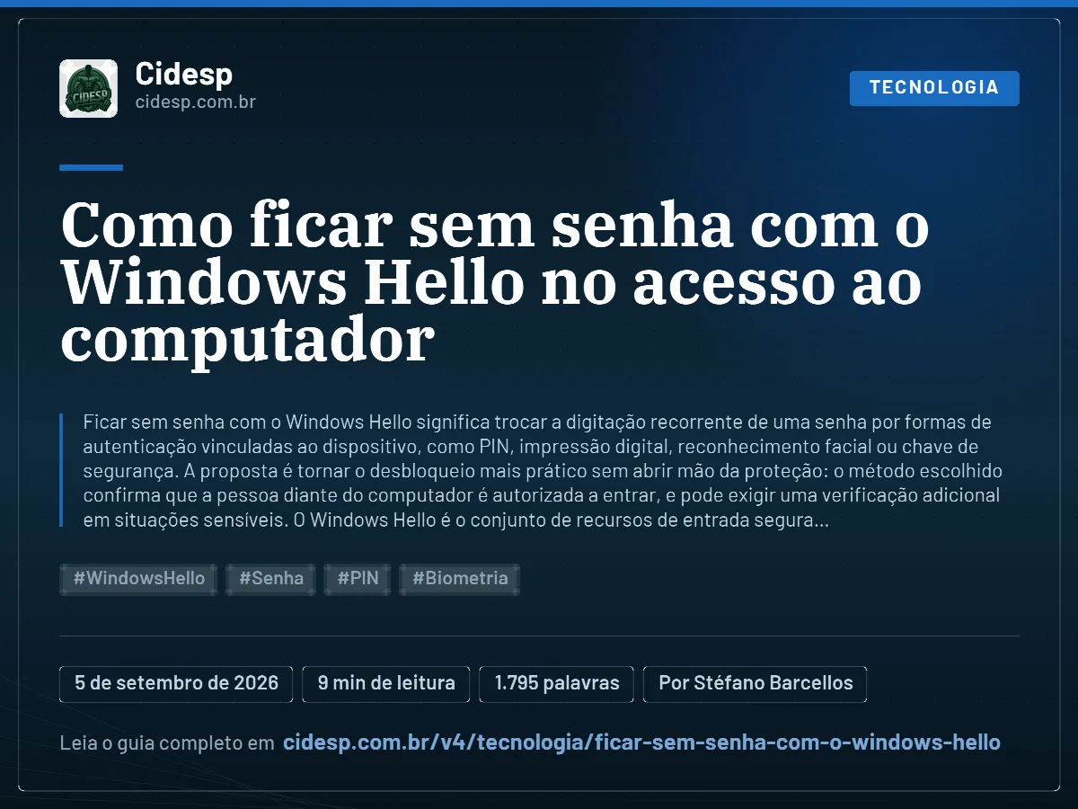 Cartão do artigo “Como ficar sem senha com o Windows Hello no acesso ao computador”, com resumo, data de publicação e endereço da página.