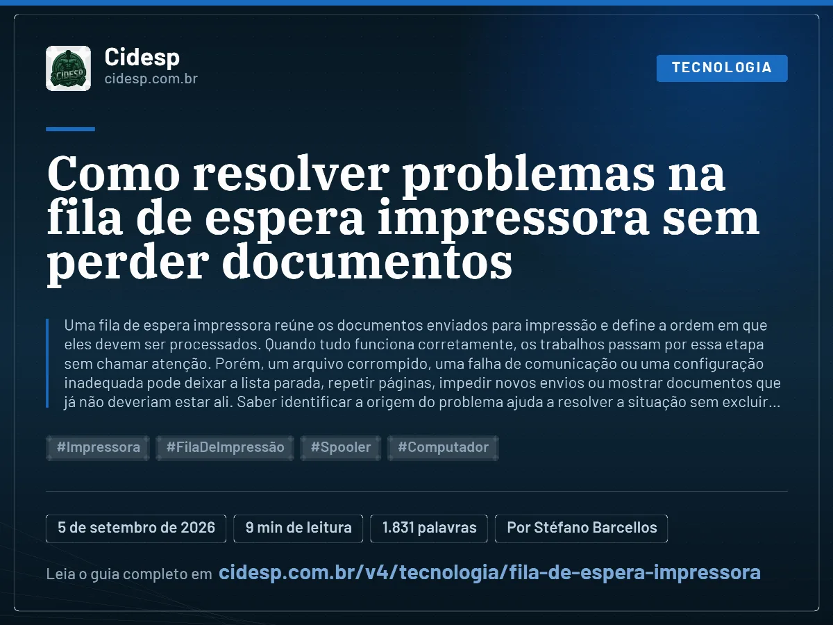 Cartão do artigo “Como resolver problemas na fila de espera impressora sem perder documentos”, com resumo, data de publicação e endereço da página.