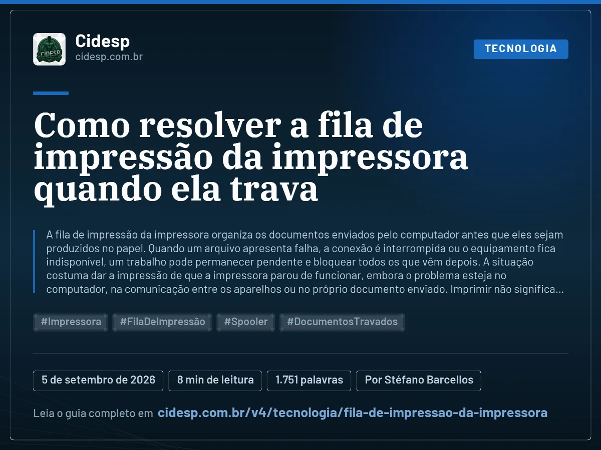 Cartão do artigo “Como resolver a fila de impressão da impressora quando ela trava”, com resumo, data de publicação e endereço da página.