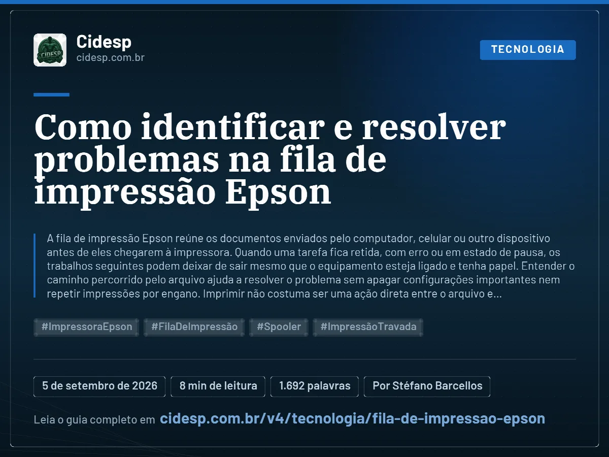 Cartão do artigo “Como identificar e resolver problemas na fila de impressão Epson”, com resumo, data de publicação e endereço da página.