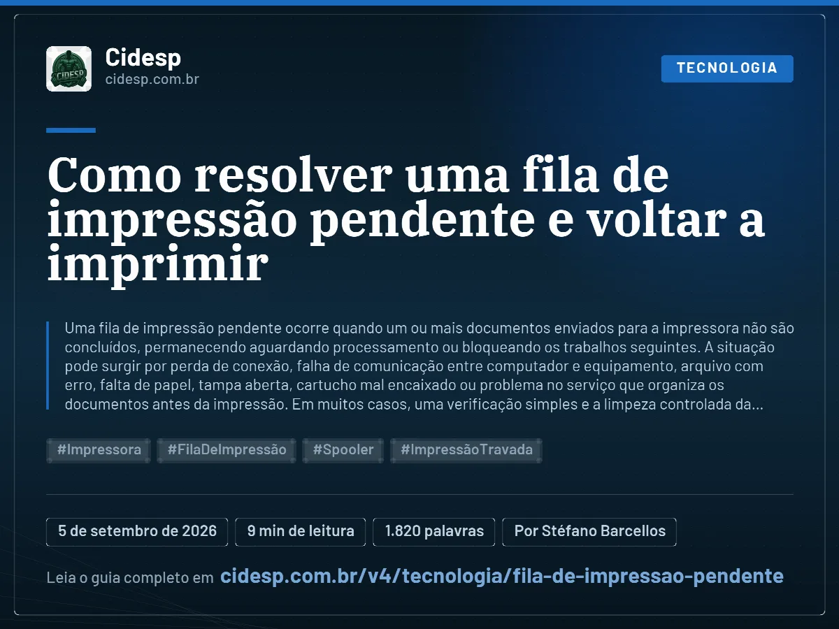 Cartão do artigo “Como resolver uma fila de impressão pendente e voltar a imprimir”, com resumo, data de publicação e endereço da página.