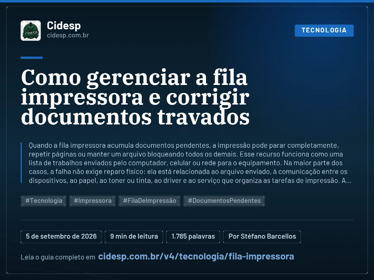Cartão do artigo “Como gerenciar a fila impressora e corrigir documentos travados”, com resumo, data de publicação e endereço da página.