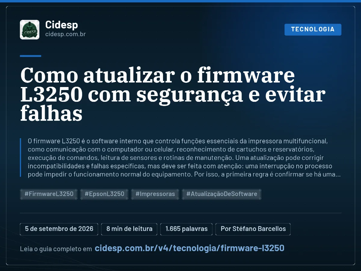 Cartão do artigo “Como atualizar o firmware L3250 com segurança e evitar falhas”, com resumo, data de publicação e endereço da página.