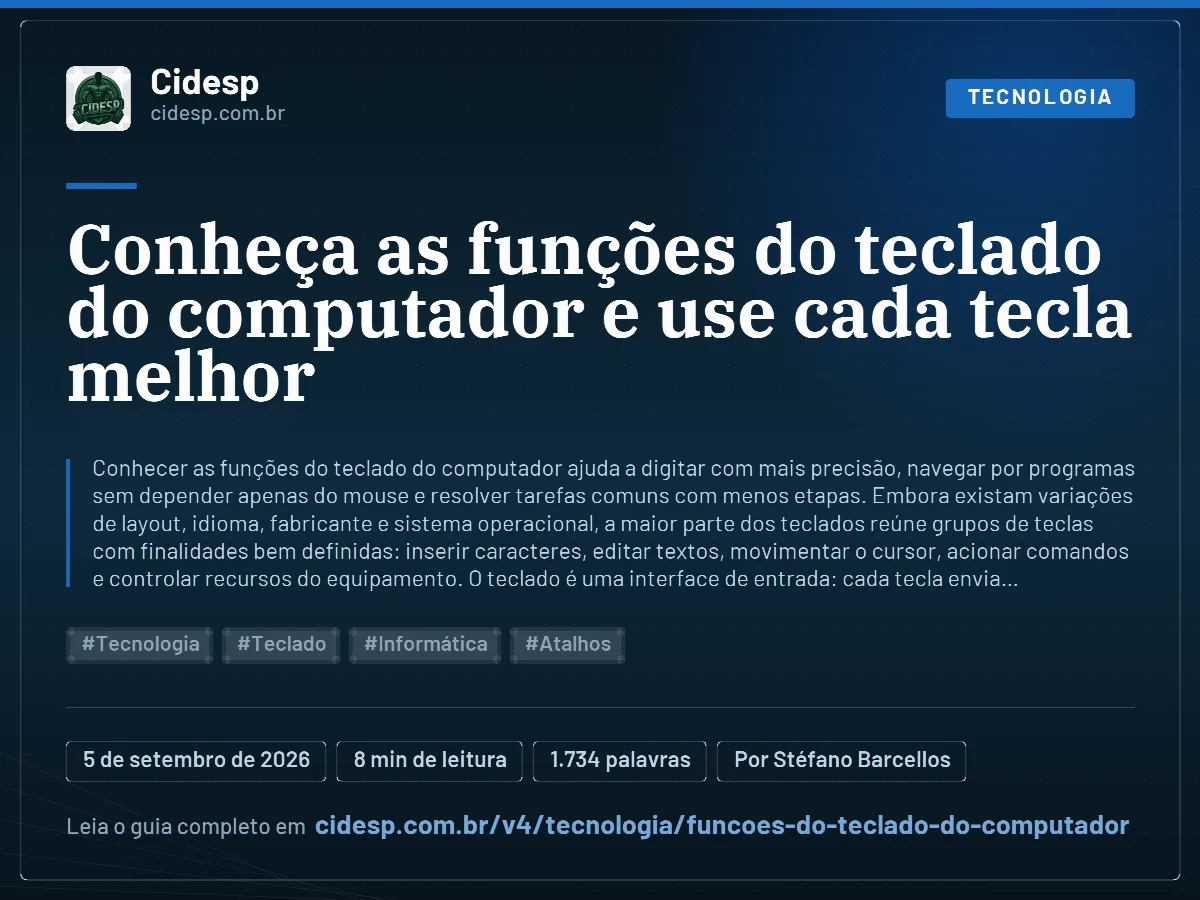 Cartão do artigo “Conheça as funções do teclado do computador e use cada tecla melhor”, com resumo, data de publicação e endereço da página.