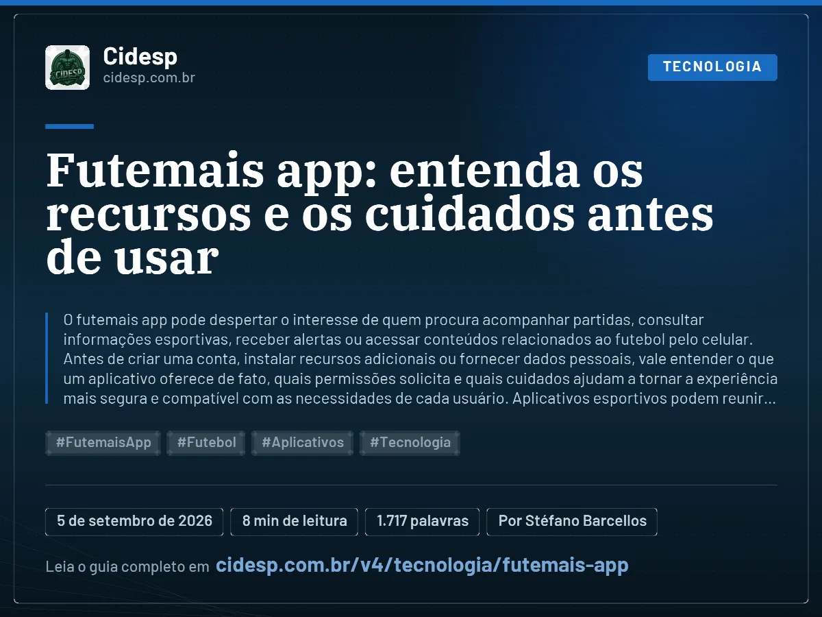 Cartão do artigo “Futemais app: entenda os recursos e os cuidados antes de usar”, com resumo, data de publicação e endereço da página.