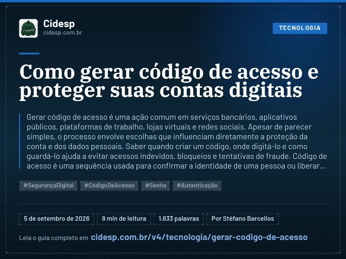 Cartão do artigo “Como gerar código de acesso e proteger suas contas digitais”, com resumo, data de publicação e endereço da página.