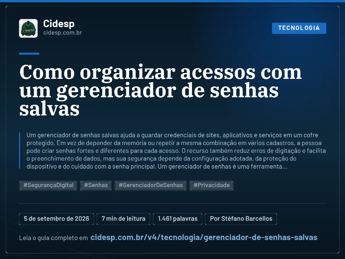 Cartão do artigo “Como organizar acessos com um gerenciador de senhas salvas”, com resumo, data de publicação e endereço da página.