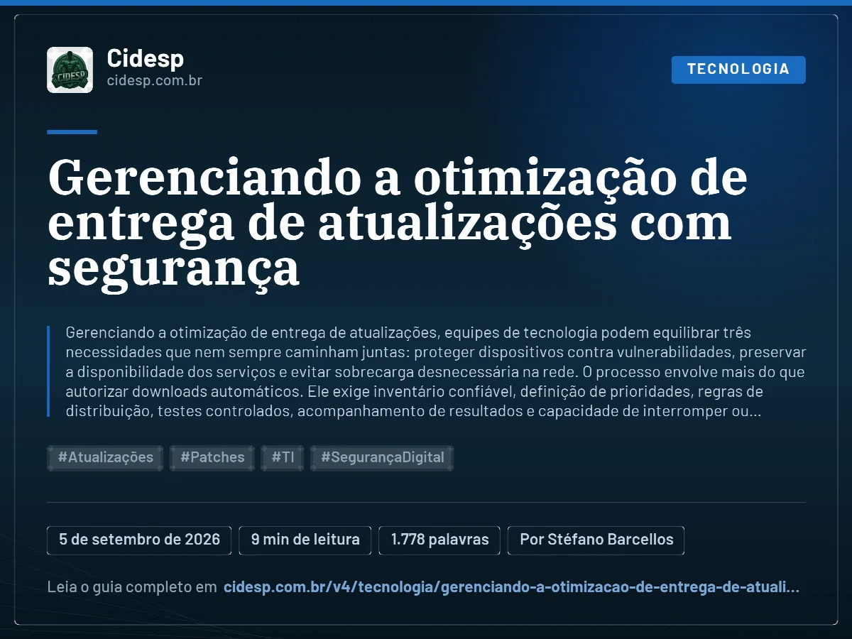 Cartão do artigo “Gerenciando a otimização de entrega de atualizações com segurança”, com resumo, data de publicação e endereço da página.