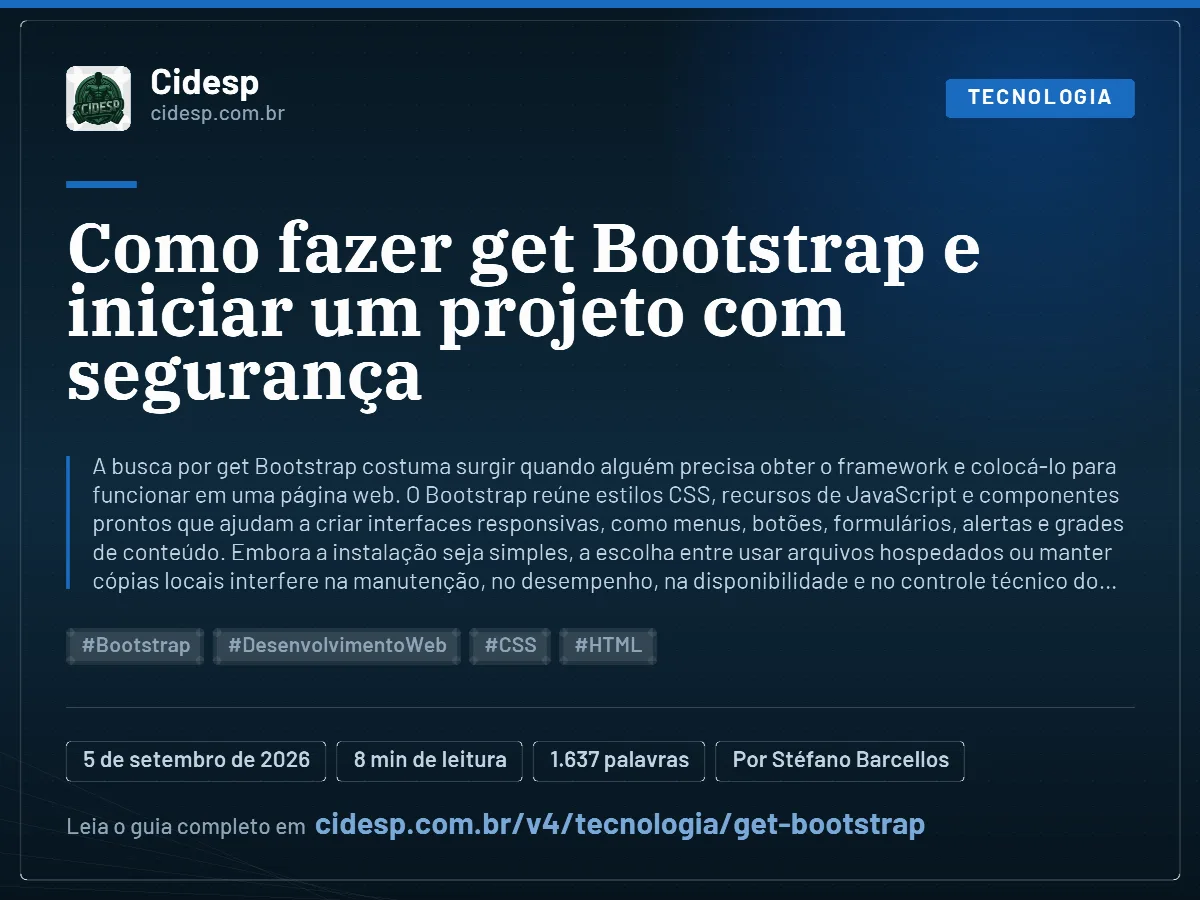 Cartão do artigo “Como fazer get Bootstrap e iniciar um projeto com segurança”, com resumo, data de publicação e endereço da página.