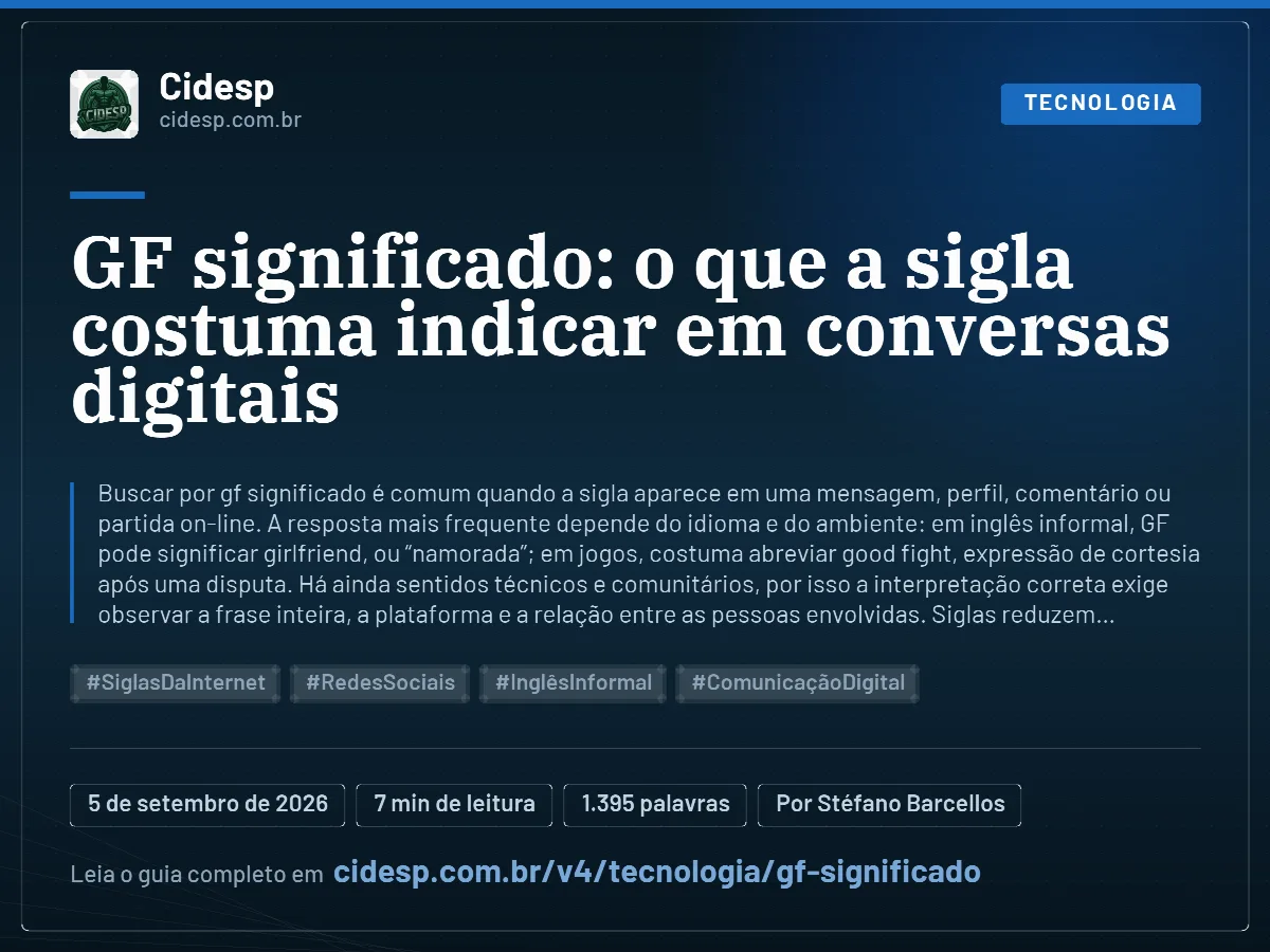 Cartão do artigo “GF significado: o que a sigla costuma indicar em conversas digitais”, com resumo, data de publicação e endereço da página.