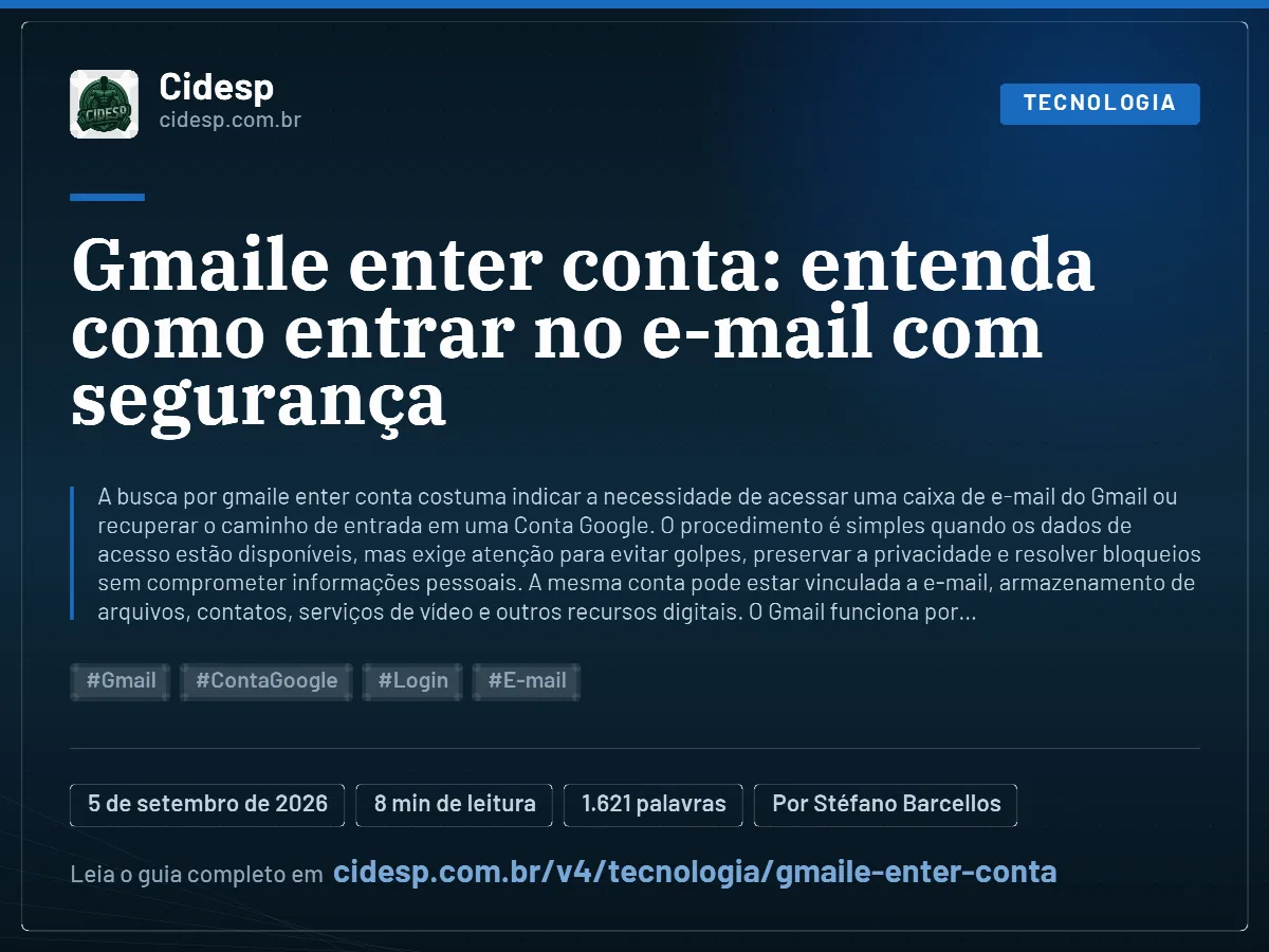 Cartão do artigo “Gmaile enter conta: entenda como entrar no e-mail com segurança”, com resumo, data de publicação e endereço da página.