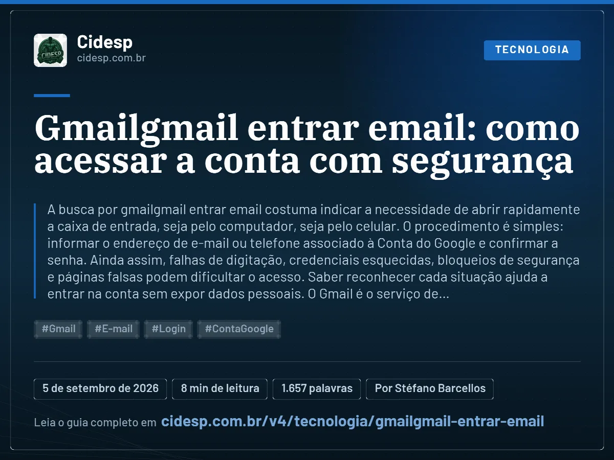 Cartão do artigo “Gmailgmail entrar email: como acessar a conta com segurança”, com resumo, data de publicação e endereço da página.
