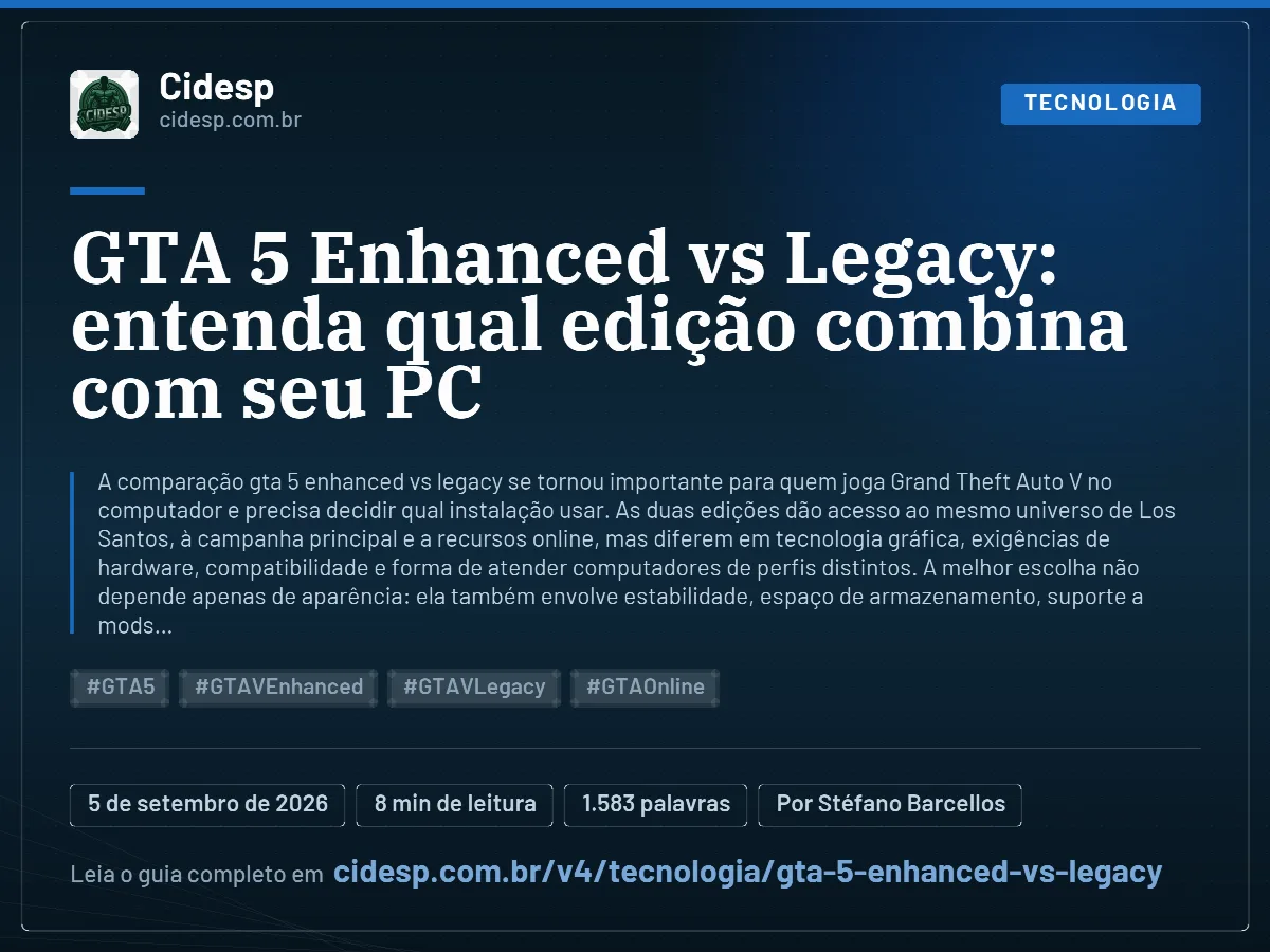 Cartão do artigo “GTA 5 Enhanced vs Legacy: entenda qual edição combina com seu PC”, com resumo, data de publicação e endereço da página.