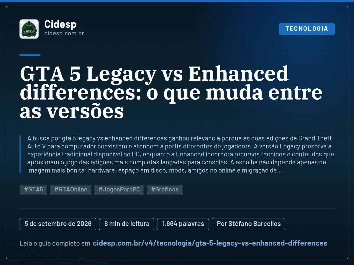 Cartão do artigo “GTA 5 Legacy vs Enhanced differences: o que muda entre as versões”, com resumo, data de publicação e endereço da página.